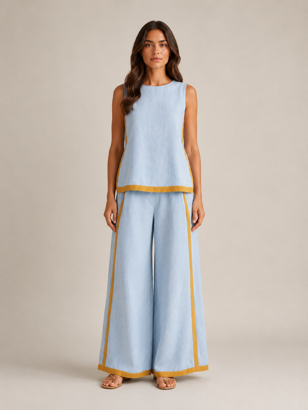 Ursina - Dames Tweedelige Set Met Contrasterende Biezen En Wijde Broek