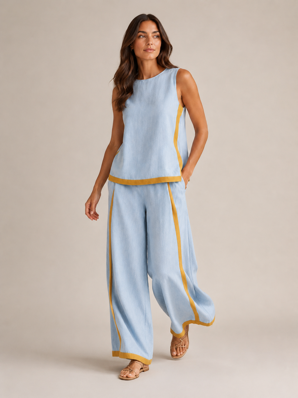 Ursina - Dames Tweedelige Set Met Contrasterende Biezen En Wijde Broek