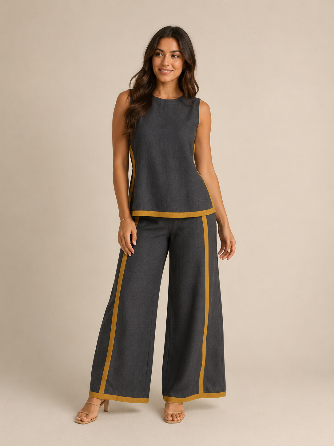 Ursina - Tweedelige damesset met mouwloze top, contrasterende biezen en wijde broek