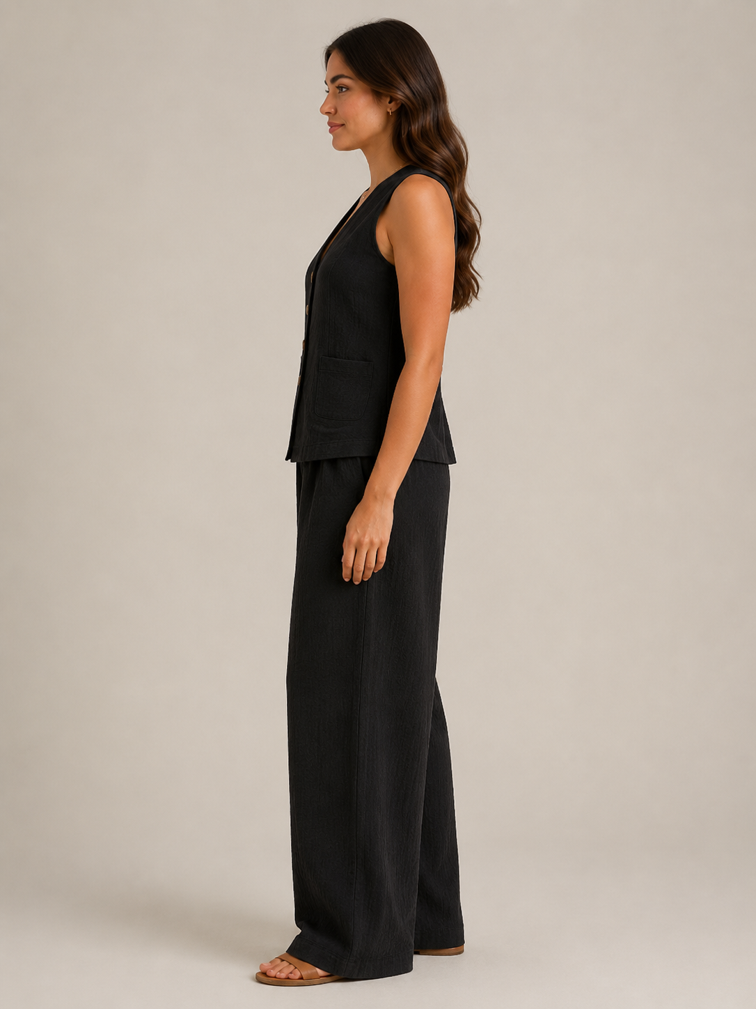 Urmi - Dames Tweedelige Set Met V-Hals Gilet En Wijde Pijpen