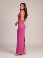 Luisa - Halter Avondjurk Met Open Rug En Hoge Split