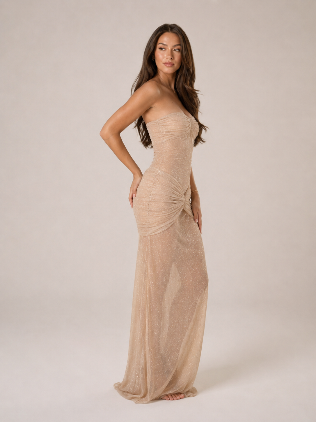 Lysanne - Khaki Avondjurk Met Corset-Top En Glanzende Details