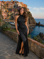 Lisette - Satijnen Maxi-jurk met Halterhals en Hoge Split