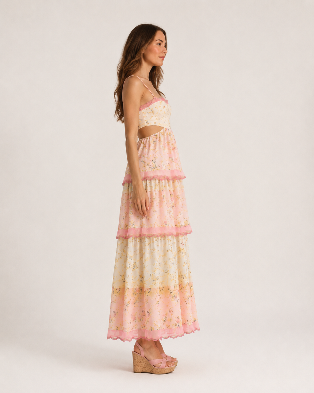 Laurette - Roze Bloemen Maxi Jurk Met Kantdetails