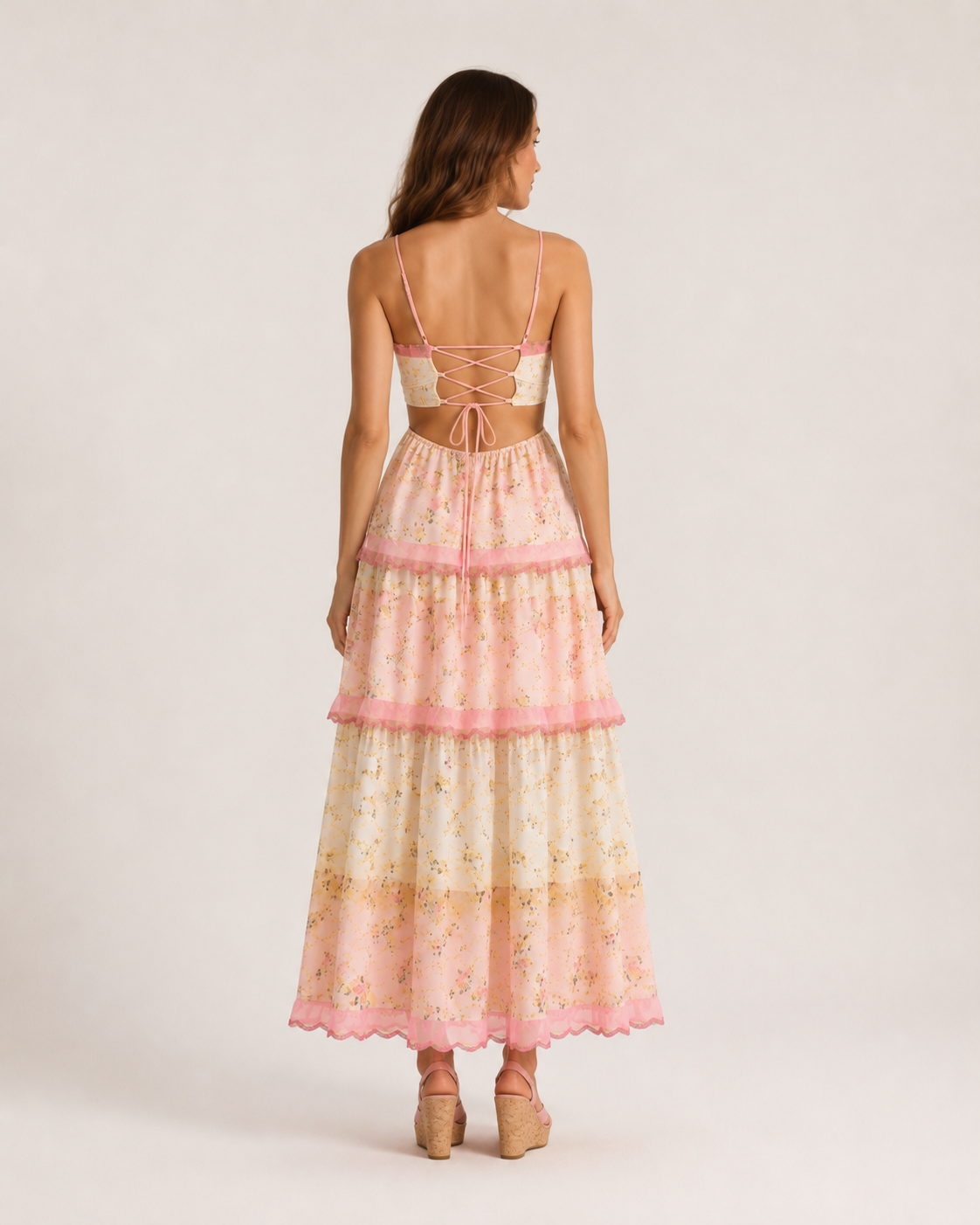 Laurette - Roze Bloemen Maxi Jurk Met Kantdetails