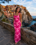 Lenora - Roze Geborduurde Bloemen Maxi-jurk Met Strikbandjes