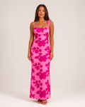 Lenora - Roze Geborduurde Bloemen Maxi-jurk met Strikbandjes