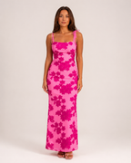 Lenora - Roze Geborduurde Bloemen Maxi-jurk Met Strikbandjes