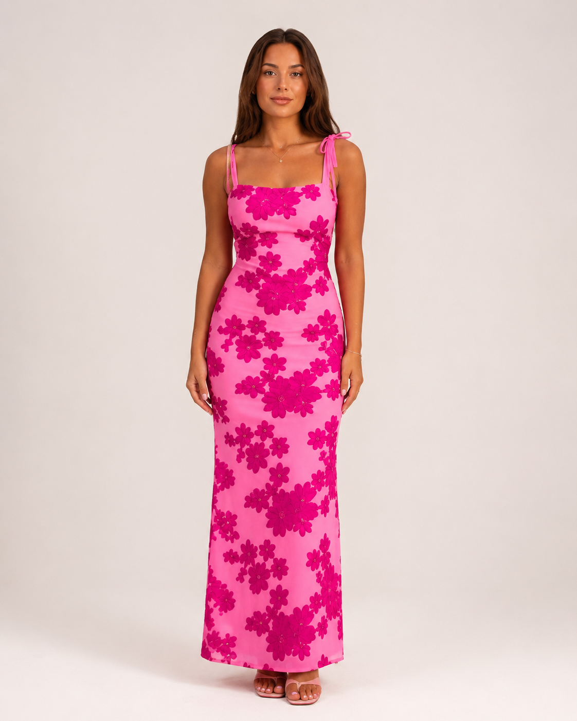 Lenora - Roze Geborduurde Bloemen Maxi-jurk Met Strikbandjes