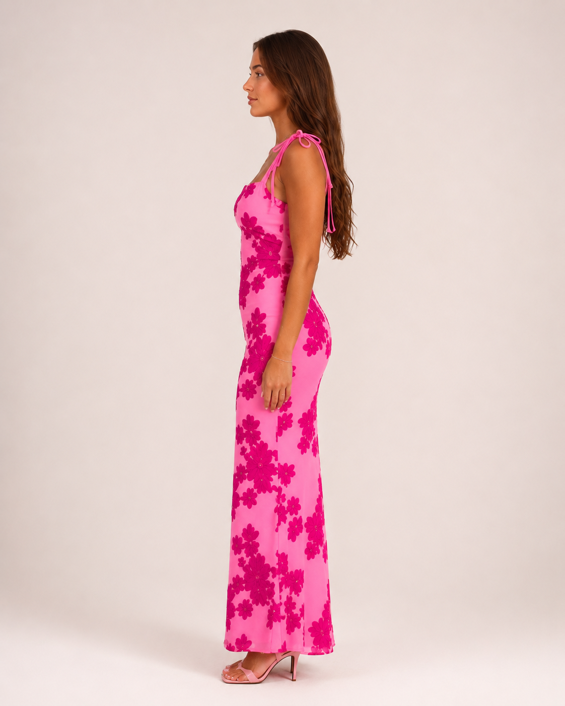 Lenora - Roze Geborduurde Bloemen Maxi-jurk Met Strikbandjes