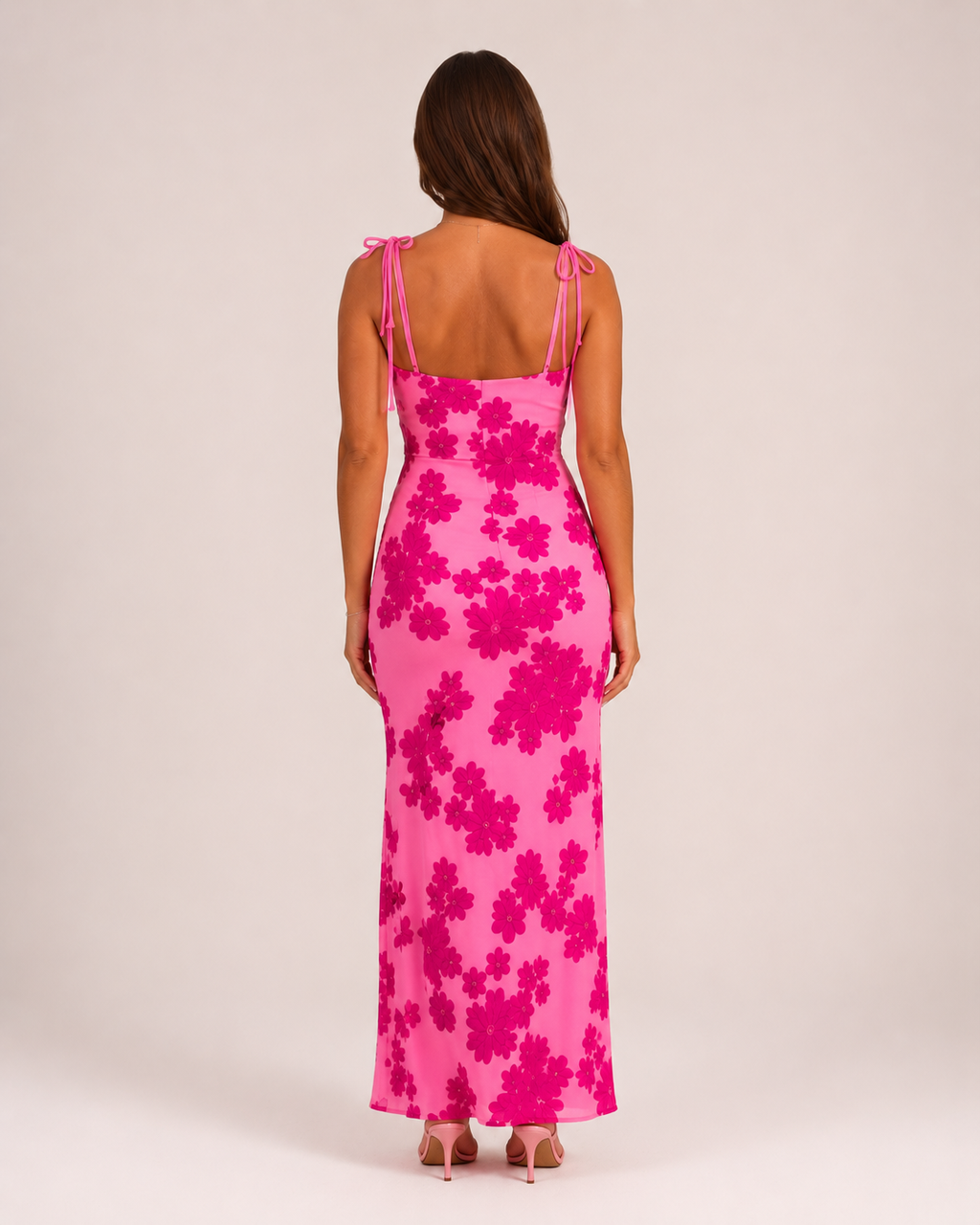 Lenora - Roze Geborduurde Bloemen Maxi-jurk Met Strikbandjes