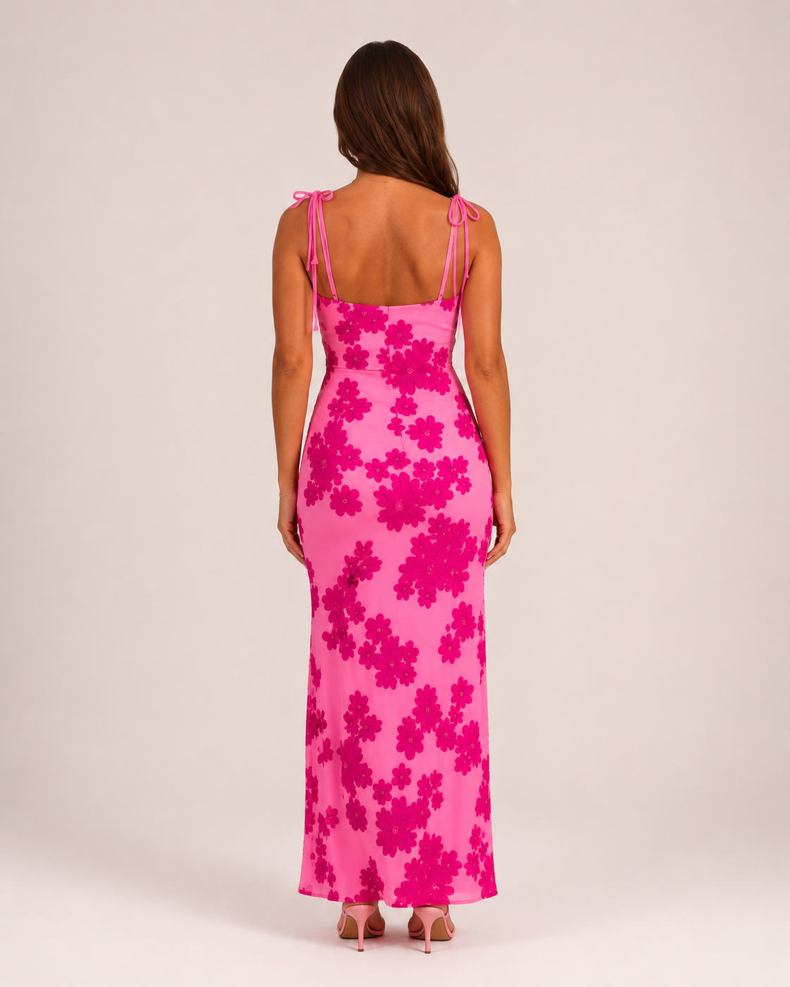 Lenora - Roze Geborduurde Bloemen Maxi-jurk Met Strikbandjes
