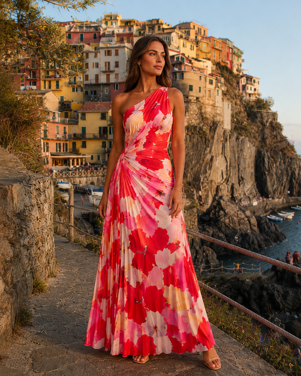 Luciana - Rode Bloemen Maxi-jurk Met One-Shoulder Halslijn