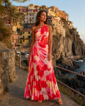 Luciana - Rode Bloemen Maxi-jurk Met One-Shoulder Halslijn