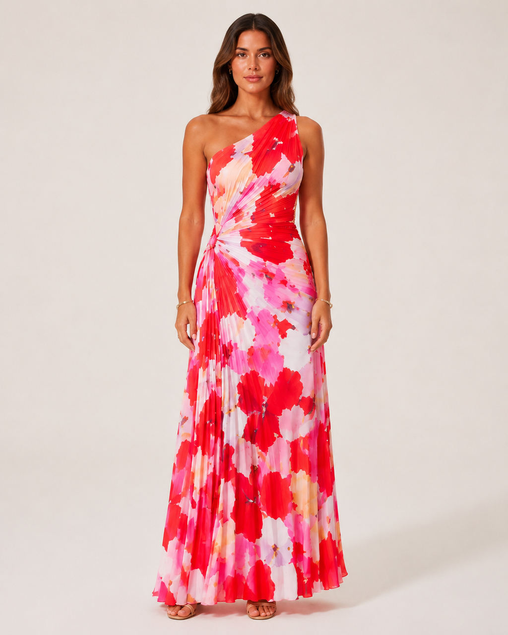 Luciana - Rode Bloemen Maxi-jurk Met One-Shoulder Halslijn
