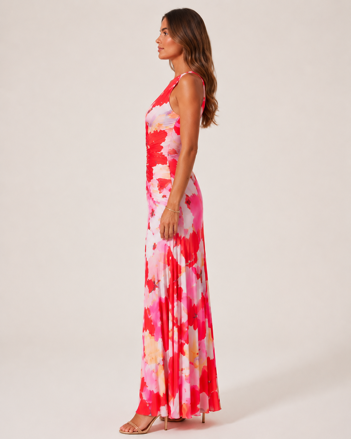 Luciana - Rode Bloemen Maxi-jurk Met One-Shoulder Halslijn