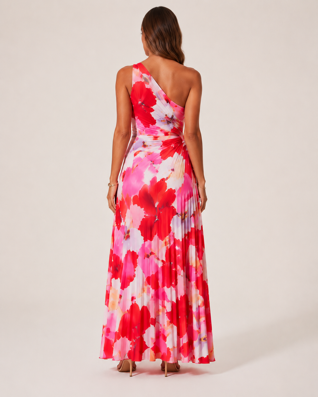 Luciana - Rode Bloemen Maxi-jurk Met One-Shoulder Halslijn