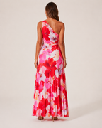 Luciana - Rode Bloemen Maxi-jurk Met One-Shoulder Halslijn