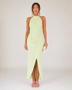 Lena - Lichtgroene Halter Maxi-jurk Met Wikkel-Look En Hoge Split