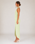 Lena - Lichtgroene Halter Maxi-jurk Met Wikkel-Look En Hoge Split