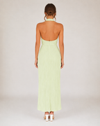 Lena - Lichtgroene Halter Maxi-jurk Met Wikkel-Look En Hoge Split