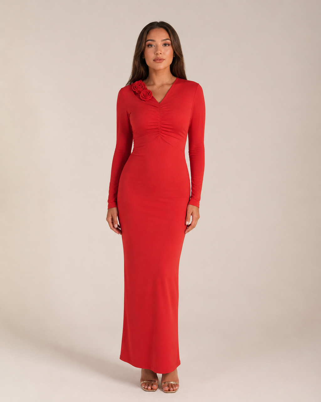 Lorraine - Rode Maxi-jurk Met V-Hals En Lange Mouwen