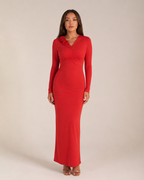 Lorraine - Rode Maxi-jurk Met V-Hals En Lange Mouwen