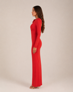 Lorraine - Rode Maxi-jurk Met V-Hals En Lange Mouwen