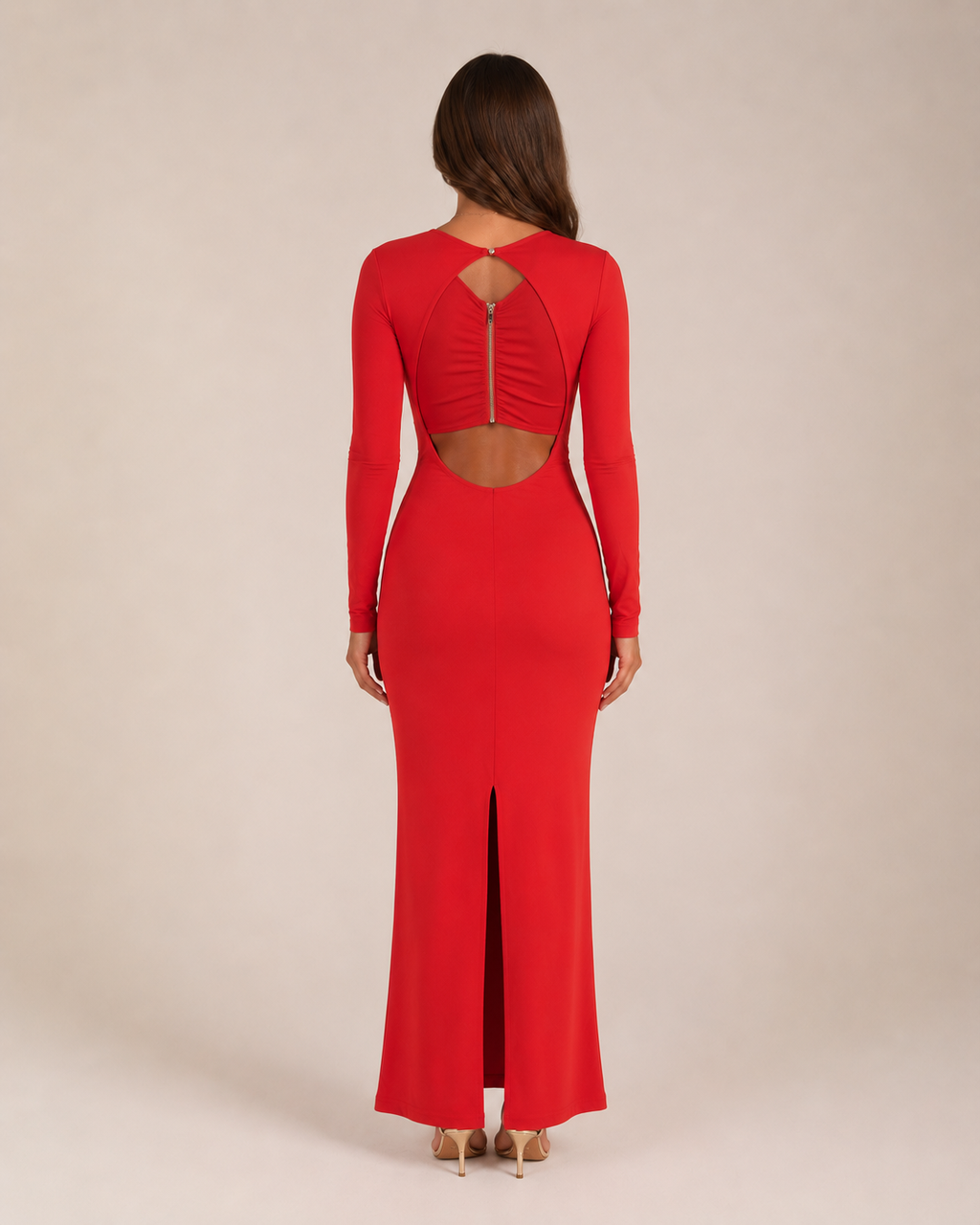 Lorraine - Rode Maxi-jurk Met V-Hals En Lange Mouwen