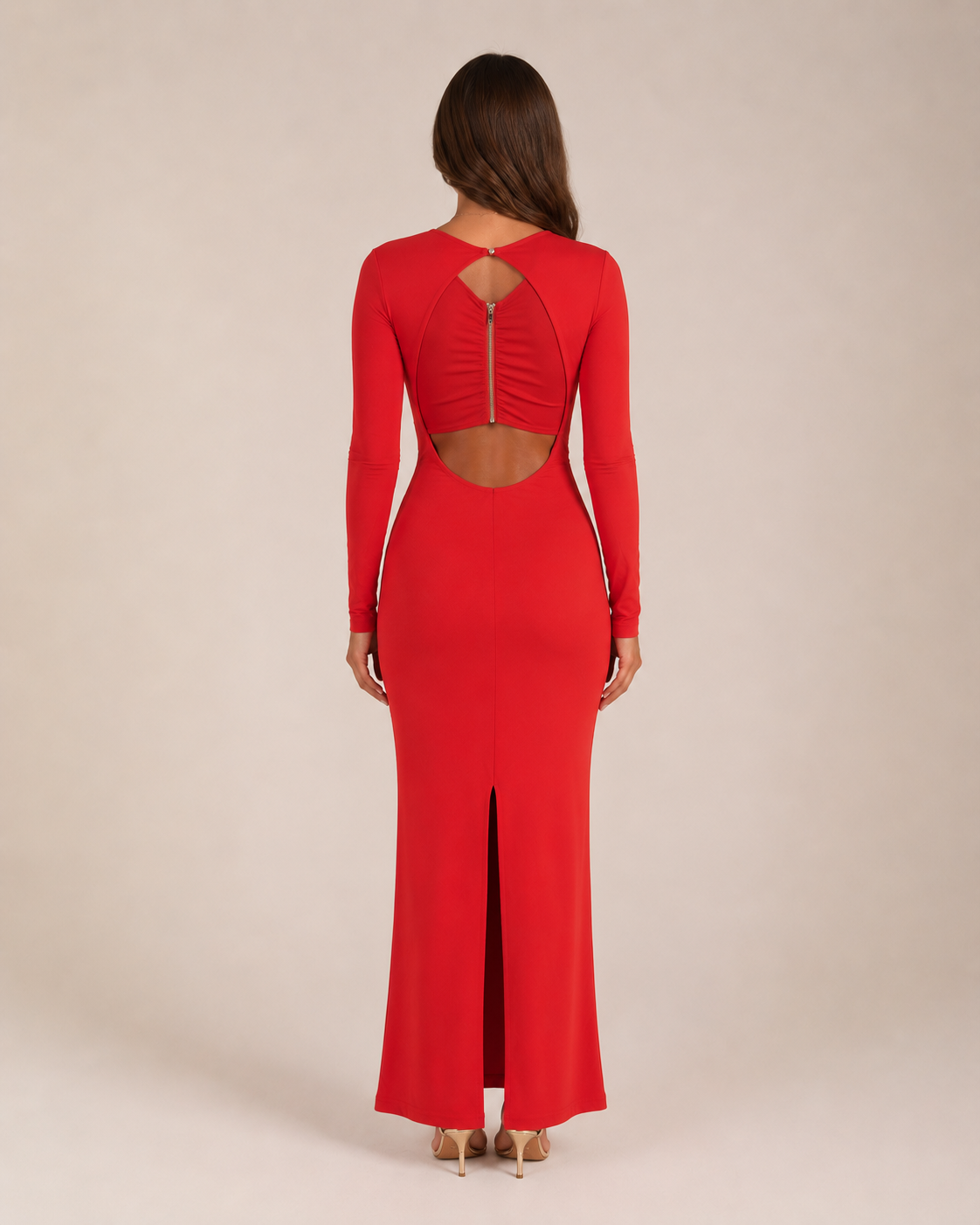 Lorraine - Rode Maxi-jurk Met V-Hals En Lange Mouwen