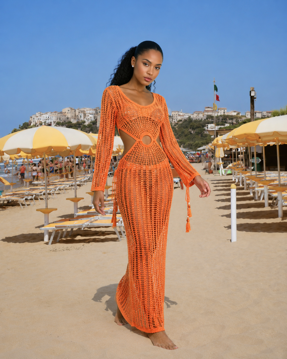 Louelle - Oranje Gehaakte Strandjurk Met Franjes En Cut-Outs
