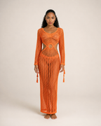 Louelle - Oranje Gehaakte Strandjurk Met Franjes En Cut-Outs