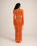 Louelle - Oranje Gehaakte Strandjurk Met Franjes En Cut-Outs