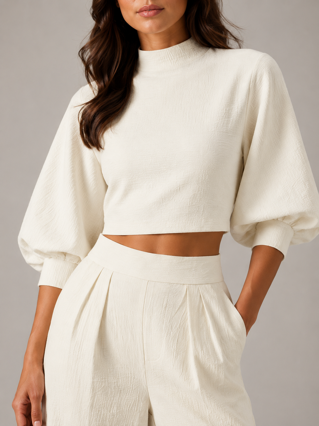Umezi - Dames Tweedelige Set Met Croptop, Ballonmouwen En Wijde Pijpen