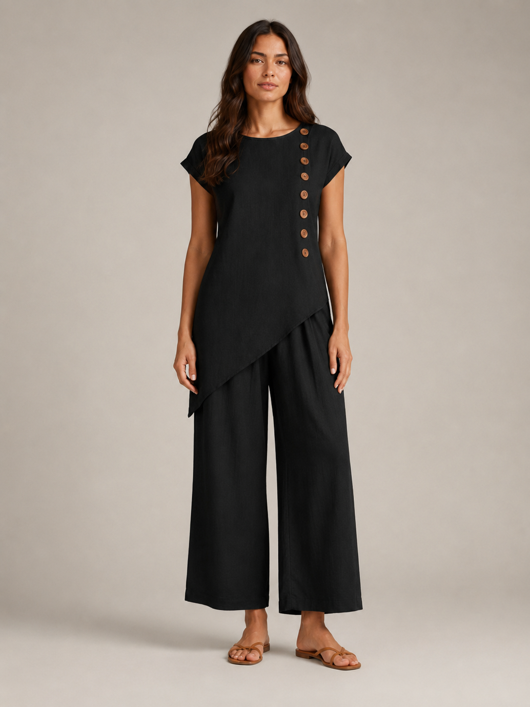 Urmila - Dames Tweedelige Set Met Asymmetrische Knoopdetails En Wijde Broek