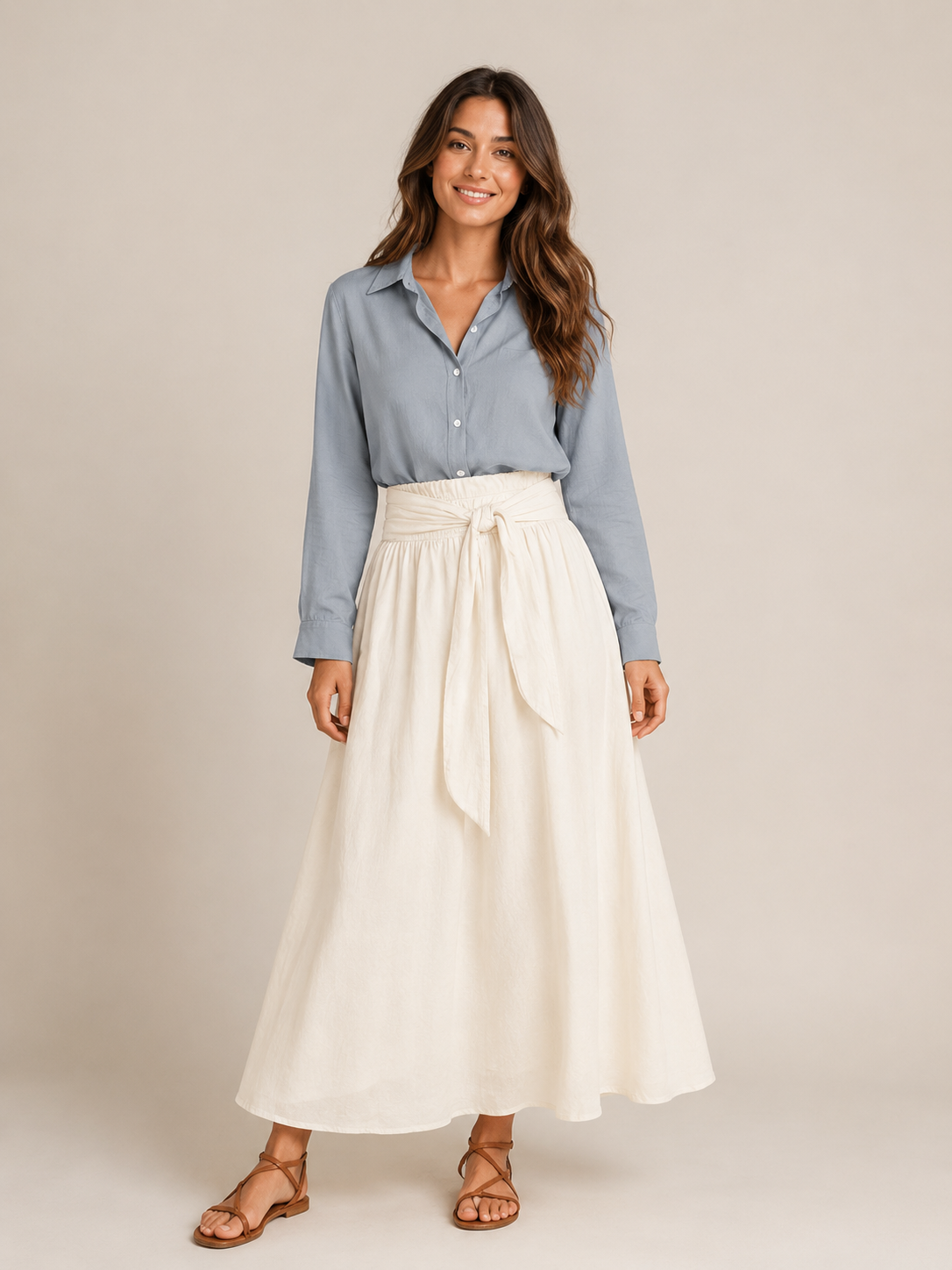 Udara - Tweedelige set met blouse en maxirok met strikceintuur