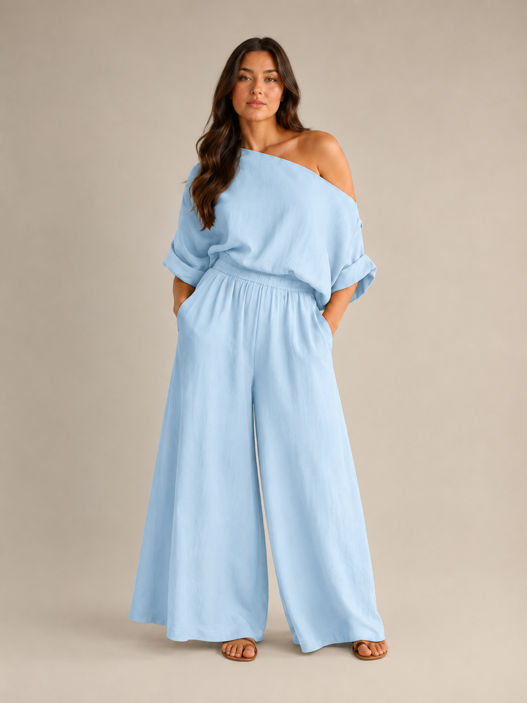 Usoa - Tweedelige one-shoulder set met wijde broek