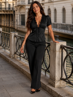 Pien - Satijnen Dames Blouse Met Kanten Detail En Vetersluiting