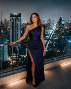 Lunelle - Donkerblauwe Lange Avondjurk Met One-Shoulder Halslijn En Hoge Split