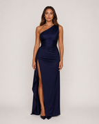 Lunelle - Donkerblauwe Lange Avondjurk Met One-Shoulder Halslijn En Hoge Split