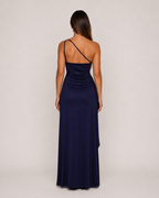 Lunelle - Donkerblauwe Lange Avondjurk Met One-Shoulder Halslijn En Hoge Split
