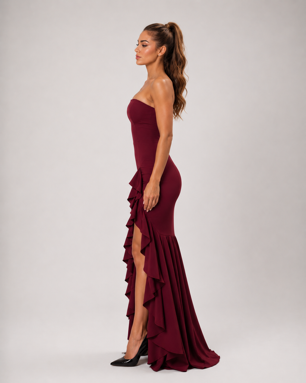 Lucette - Strapless Avondjurk met Hoge Split en Zijdetail