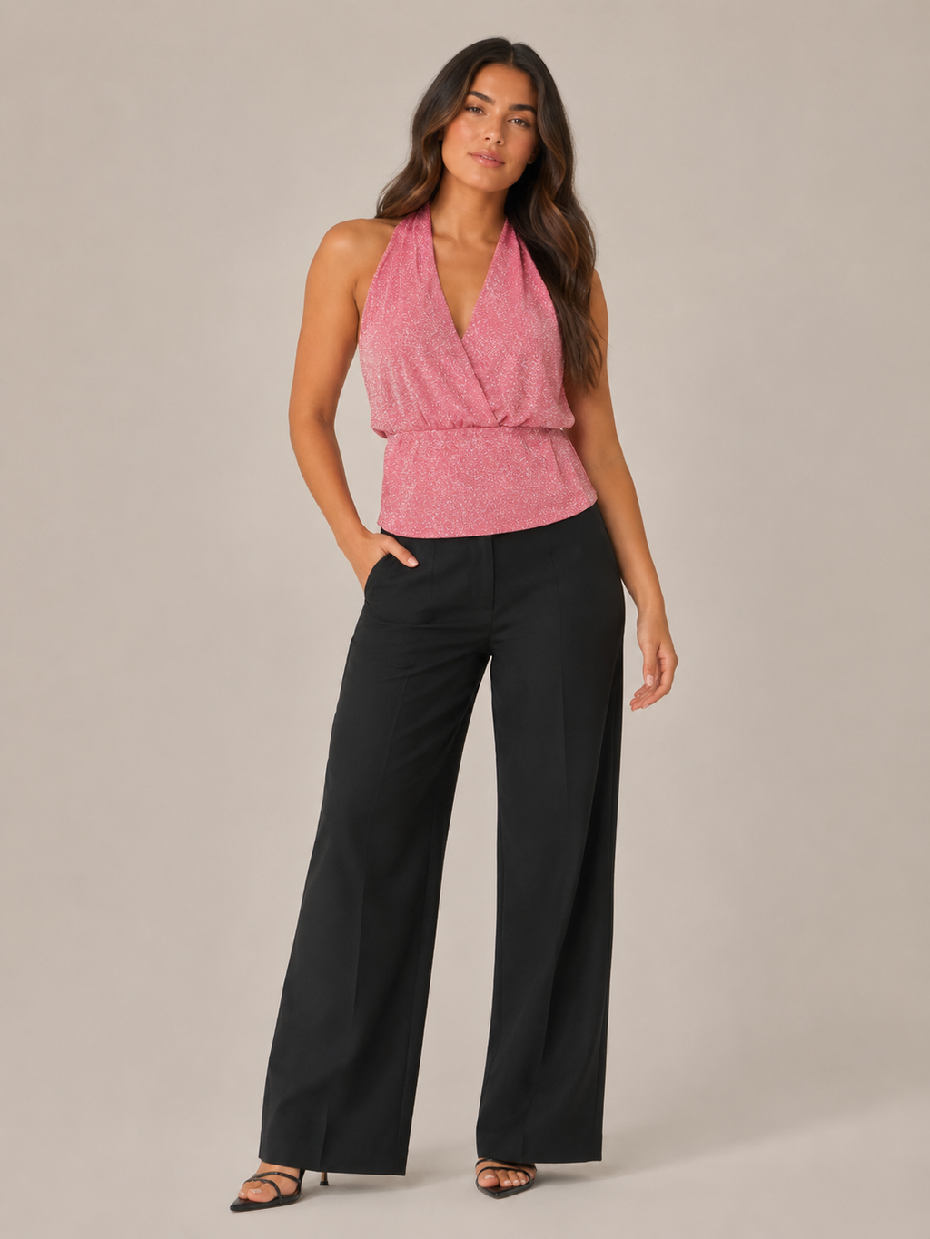 Pamela - Roze Glanzende Halter Dames Top Met Open Rug