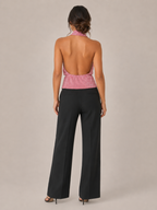 Pamela - Roze Glanzende Halter Dames Top Met Open Rug