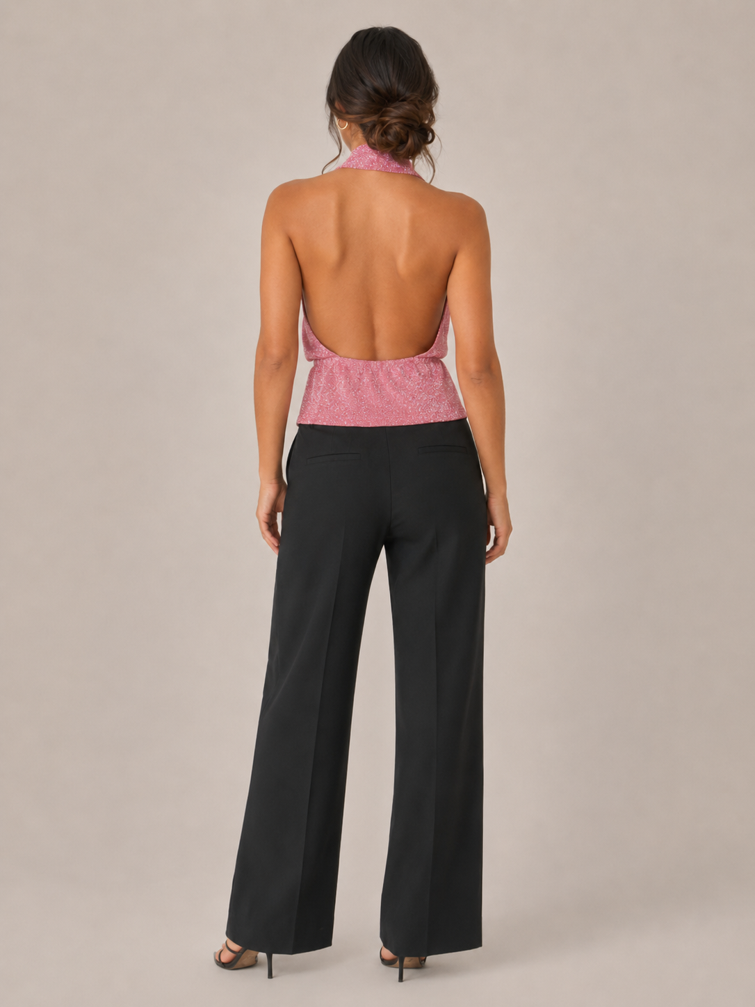 Pamela - Roze Glanzende Halter Dames Top Met Open Rug