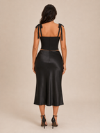 Pia - Zwarte Mesh Corset Top Met Satijnlook En Strikbandjes