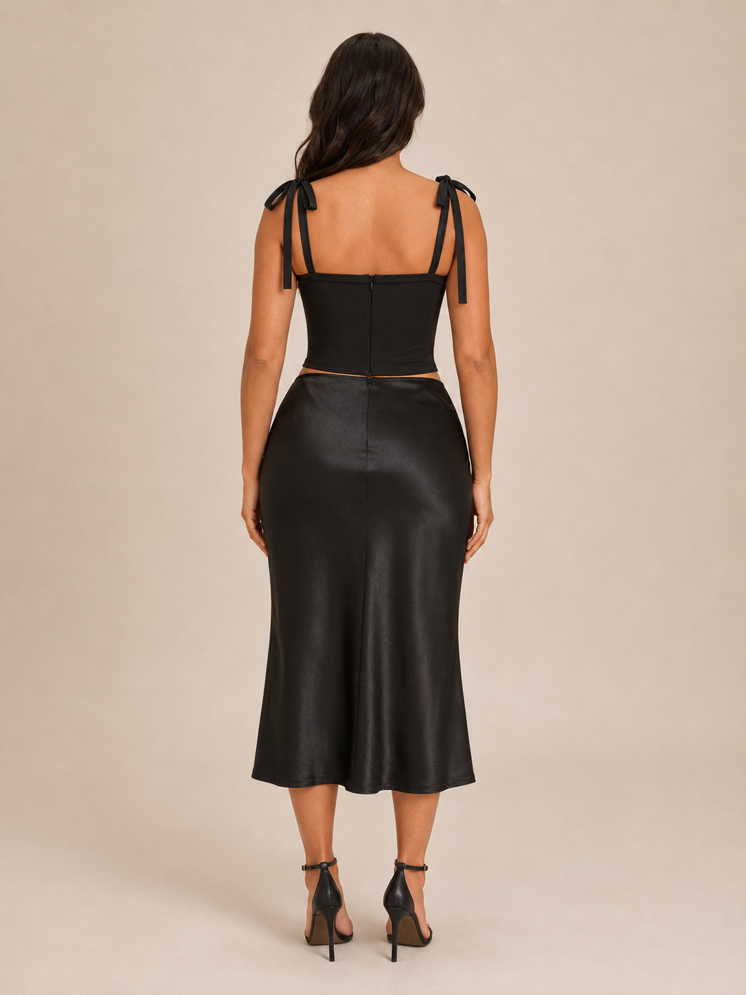 Pia - Zwarte Mesh Corset Top Met Satijnlook En Strikbandjes