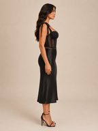 Pia - Zwarte Mesh Corset Top Met Satijnlook En Strikbandjes