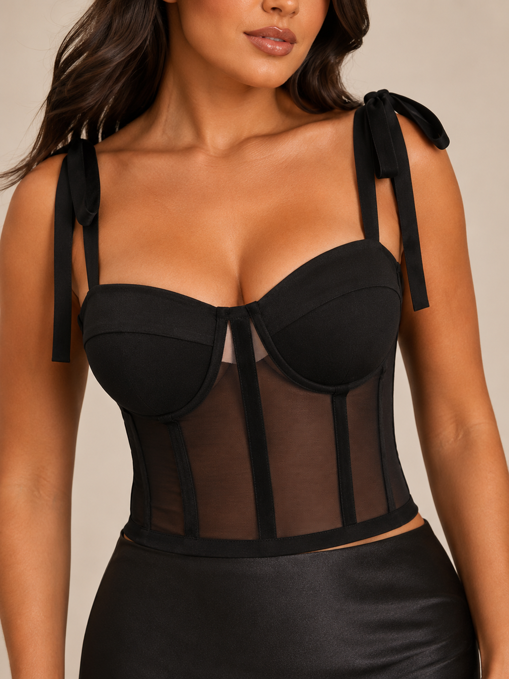 Pia - Zwarte Mesh Corset Top Met Satijnlook En Strikbandjes