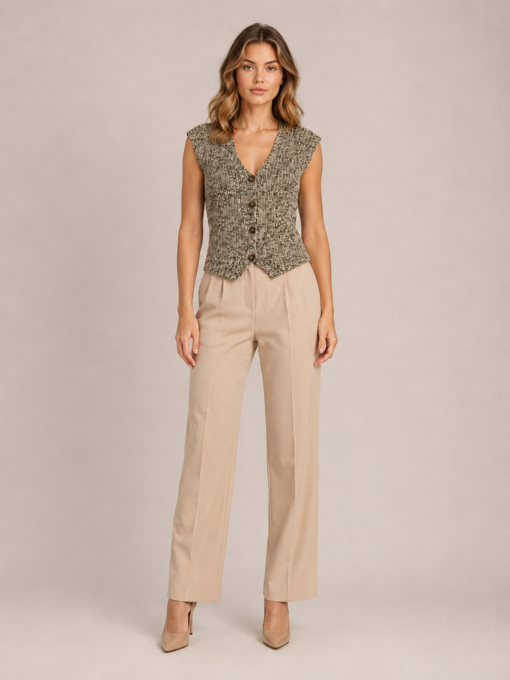 Perla - Grijs Gebreid Mouwloos Dames Vest Met Knoopsluiting